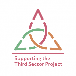 Linked eye-shaped shapes in pink orange and green above pink text that says Supporting the Third Sector Project