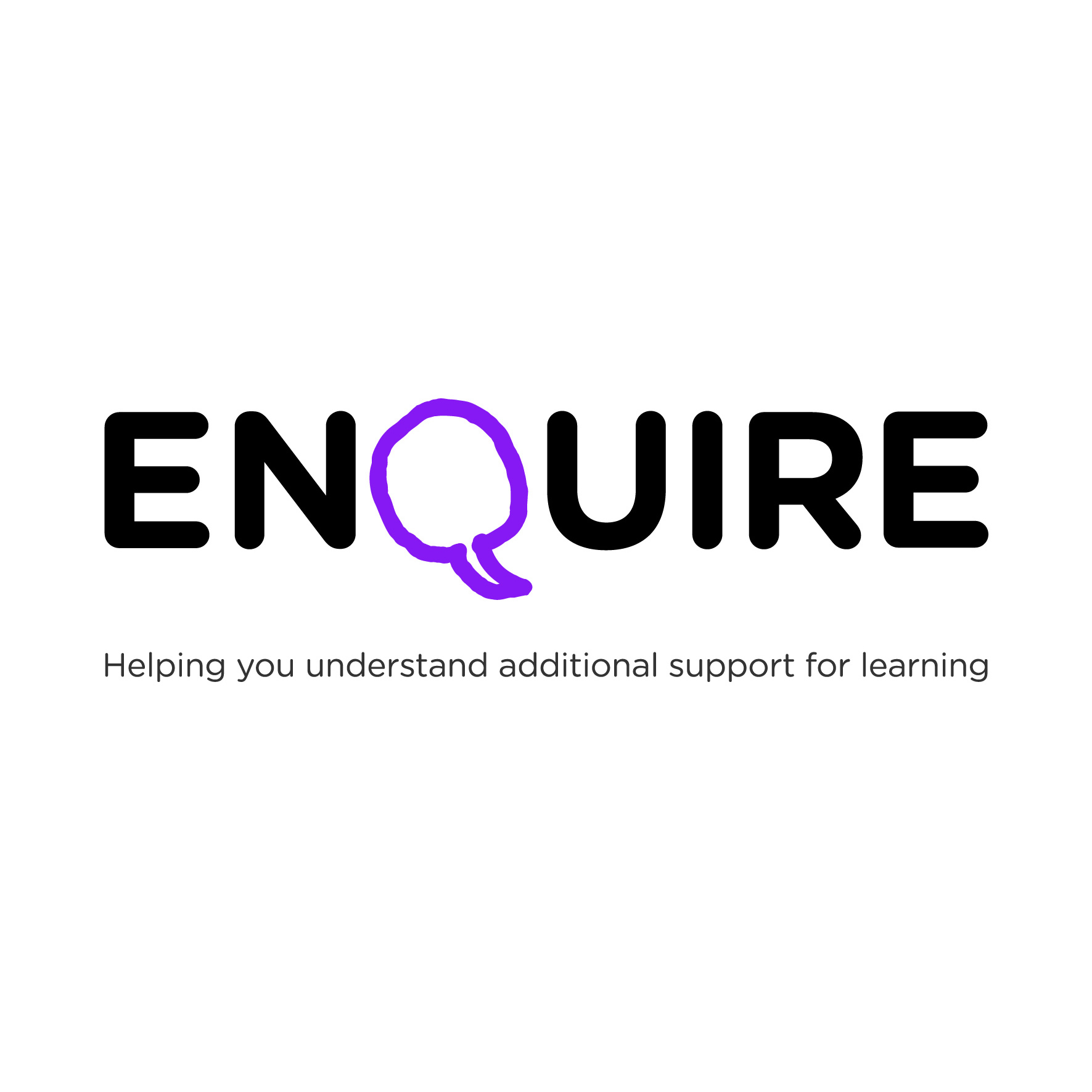 The Enquire logo on a white background. The text is in black, except the 'Q', which is a purple speech bubble. There is text underneath that reads 'Helping you understand additional support for learning