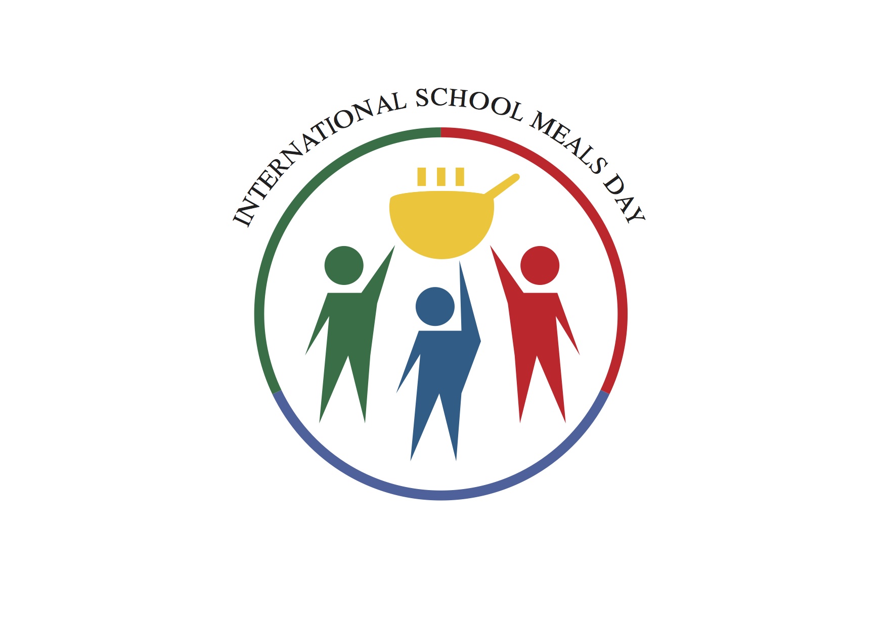 International school meals day logo which features illustration of three children (green, blue and red) reaching up to a yellow pot of food, all in a circle