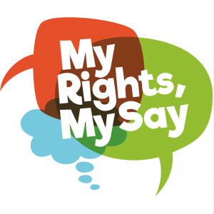 speech bubble logo three of them interconnected n red green and blue with white text across them that says My Rights, My Say