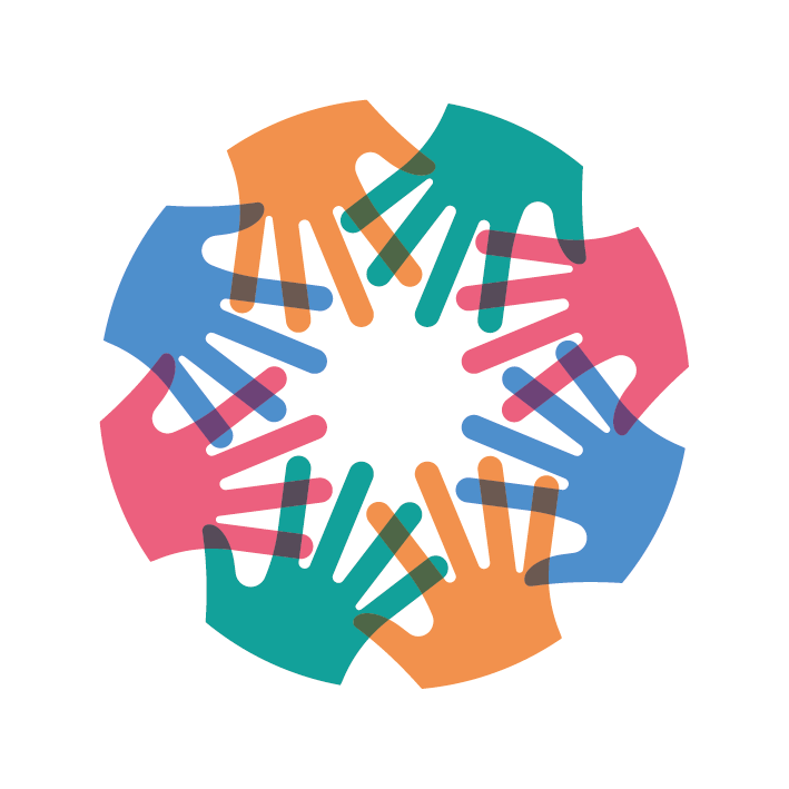 Icon of several hands opened and pointing into the middle of a circle, overlapping. They are in orange, pink, green and blue colours