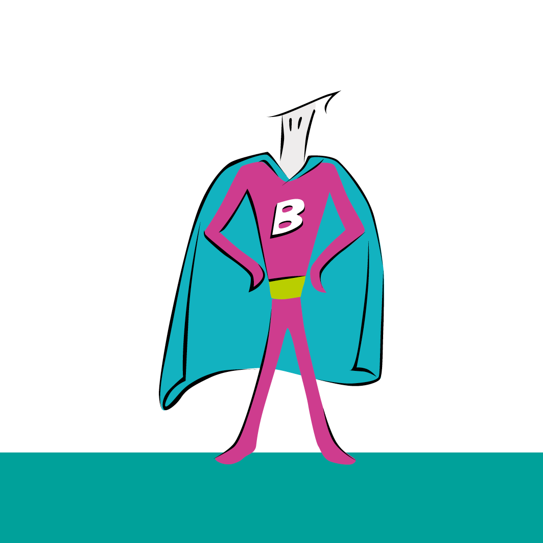 An illustration of a superhero wearing a purple suite with a 'B' on the chest and a blue cape. They are standing with their arms on their hips