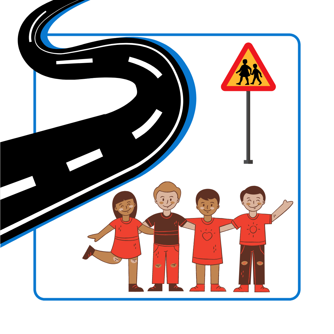 Graphic of four children holding arms and smiling, with a curved road above them and a 'children crossing' sign next to it.