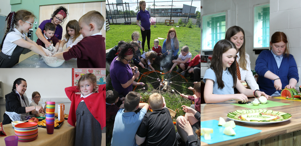 A collage of four images showing young children playing and learning outside and indoors