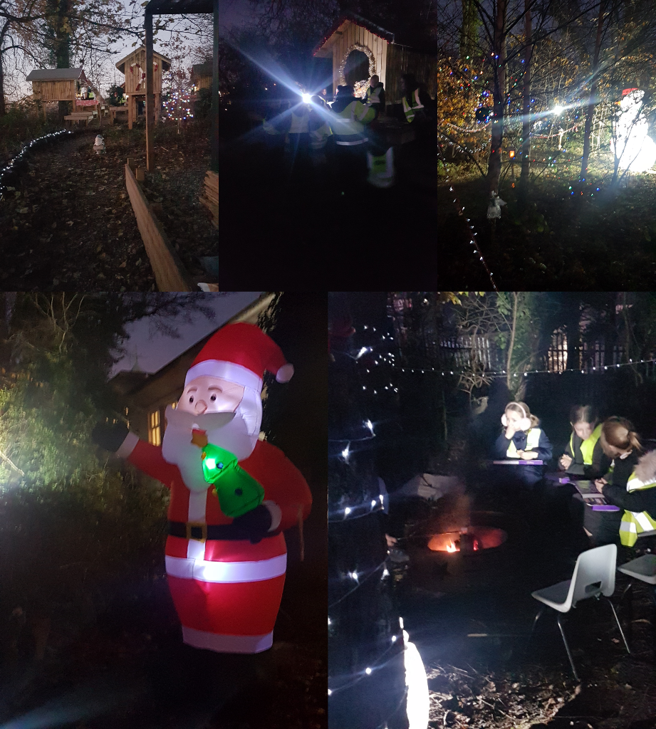 A collage of five images that show treehouses at day and night time, children sitting around a campfire, fairy lights hung across trees and Santa.
