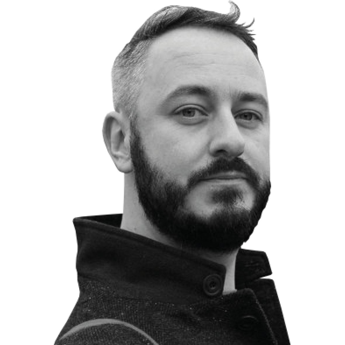 Black and white headshot of person with short dark hair and beard looking directly at the camera, on a white background.