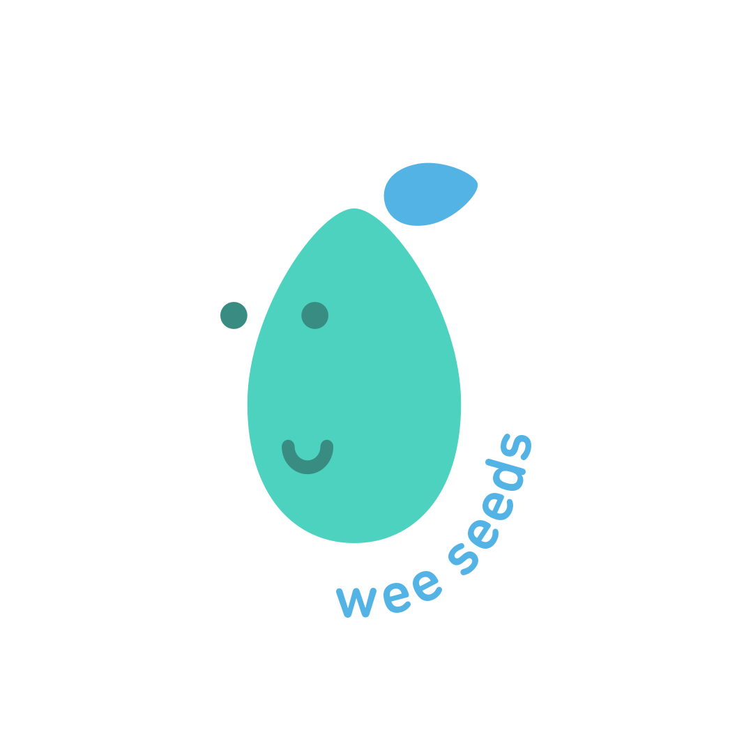Logo for 'wee seeds' - a green oval icon with eyes and smile, with blue text that says 'wee seeds' at the bottom