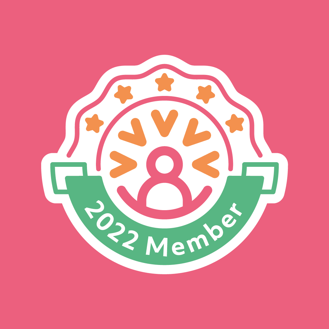 A graphic logo on a pink background. It is a crest-like design which reads '2022 Member' across a green banner on the bottom, with stars around the top. In the middle is a cartoon person's head and upper body..