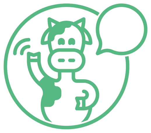 A cartoon cow, waving its arm and with a speech bubble off to the right, all in a circle. The background is white and the image is in green