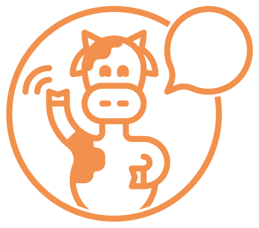 A cartoon cow, waving its arm and with a speech bubble off to the right, all in a circle. The background is white and the image is in orange