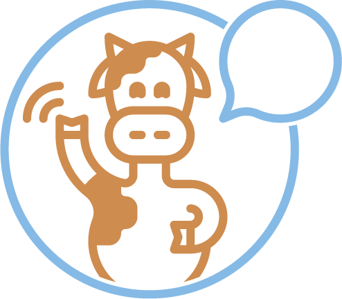 A cartoon cow, waving its arm and with a speech bubble off to the right, all in a circle. The background is white and the image is in blue and orange