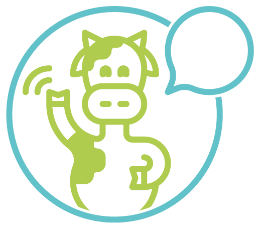 A cartoon cow, waving its arm and with a speech bubble off to the right, all in a circle. The background is white and the image is blue and green