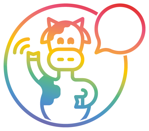 A cartoon cow, waving its arm and with a speech bubble off to the right, all in a circle. The background is white and the image is in rainbow
