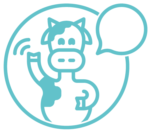 A cartoon cow, waving its arm and with a speech bubble off to the right, all in a circle. The background is white and the image is in blue
