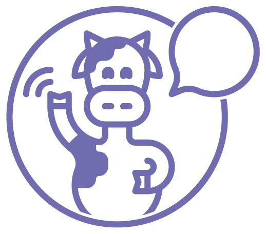 A cartoon cow, waving its arm and with a speech bubble off to the right, all in a circle. The background is white and the image is in purple