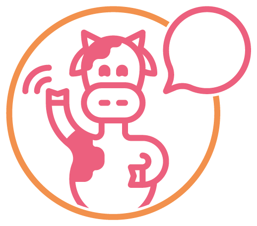 A cartoon cow, waving its arm and with a speech bubble off to the right, all in a circle. The background is white and the image is in orange and pink
