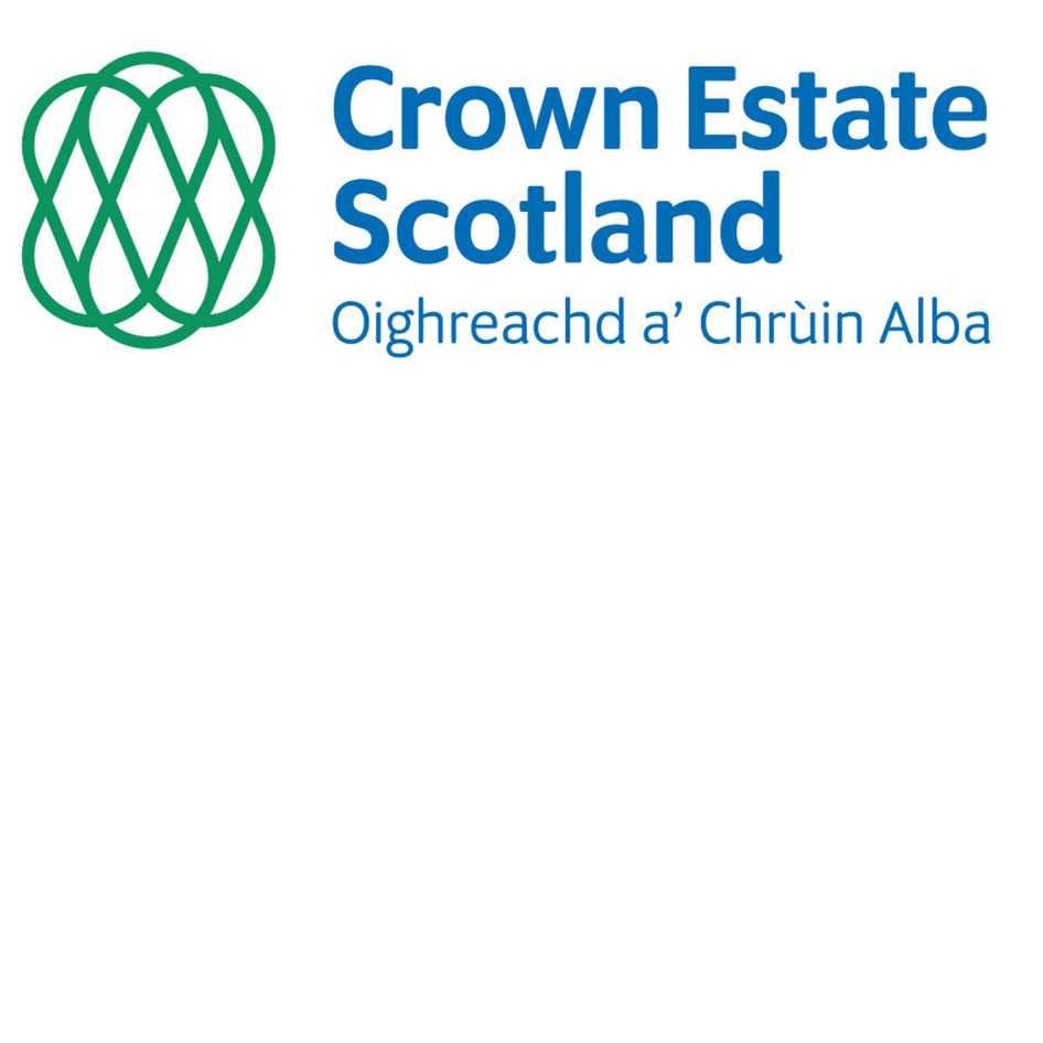 'Crown Estate Scotland' is in large blue letters, with a subline reading 'Oighreachd a' Chruin Alba'. To the left there is a green graphic logo.