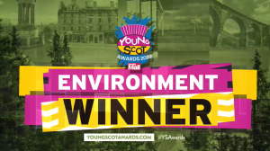 A graphic with the Young Scot logo at the top, with 'Environment Winner' in big writing on a purple and yellow background. 