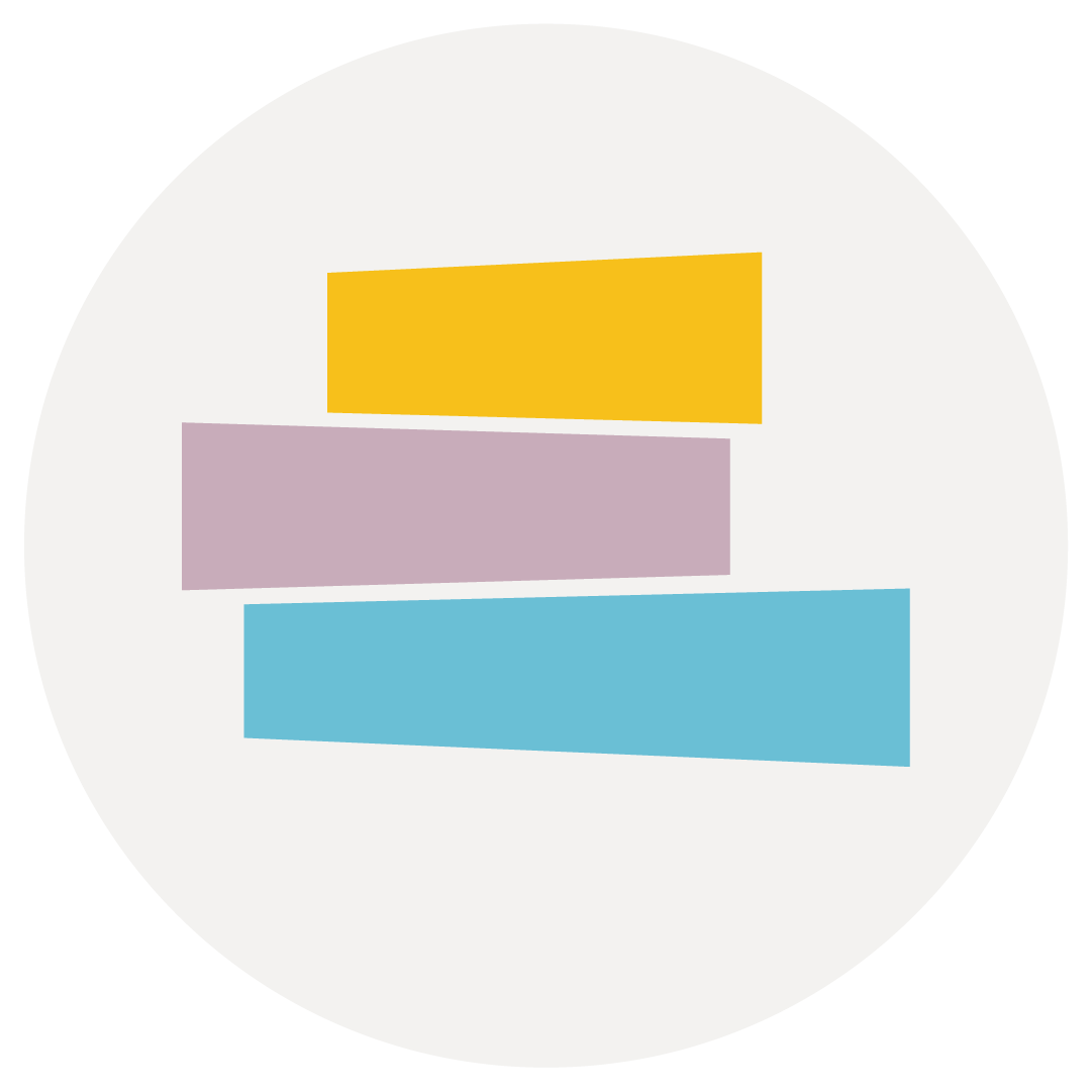 A graphic icon with a grey circle with three coloured blocks