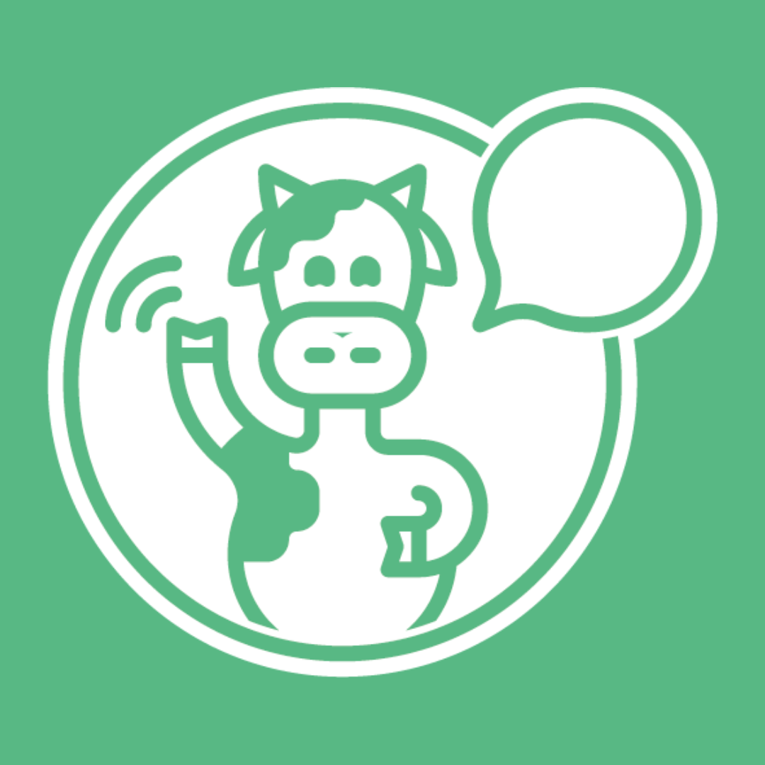 A cartoon cow, waving its arm and with a speech bubble off to the right, all in a circle. The cow's background is white and the image is in green