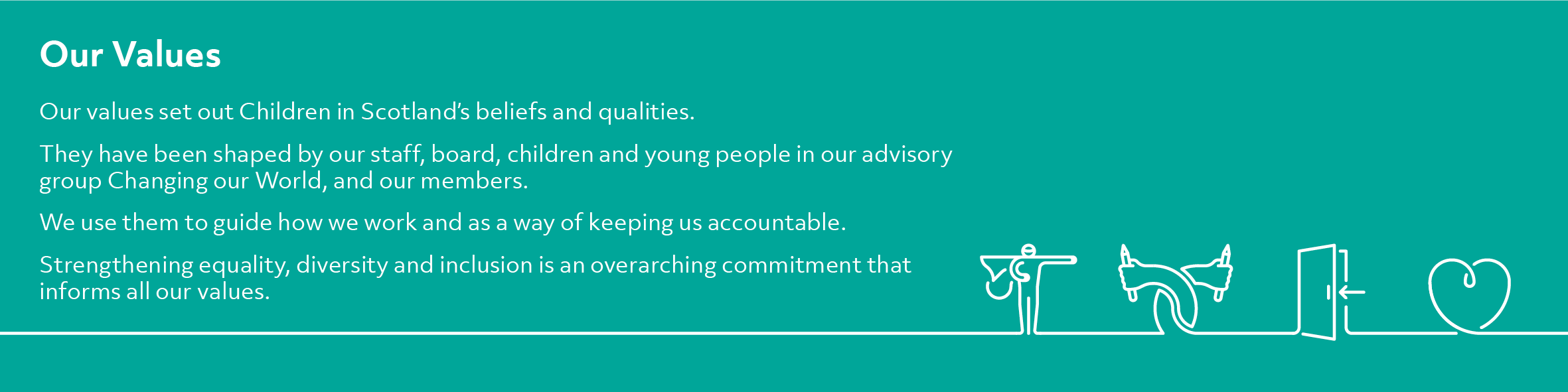 White text on green. The text reads 'Our values. Our values set out Children in Scotland's beliefs and qualities. They have been shaped by our staff, board, children and young people in our advisory group Changing our World and our members. We use them to guide how we work and as a way of keeping us accountable. Strengthening equality, diversity, and inclusion is an overarching commitment that informs all our values.'