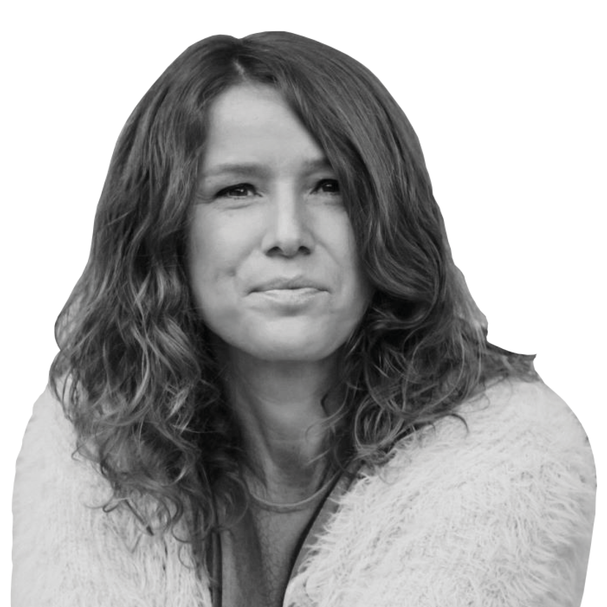 Greyscale headshot of a woman with long hair, looking at the camera. She is wearing a fluffy jumper