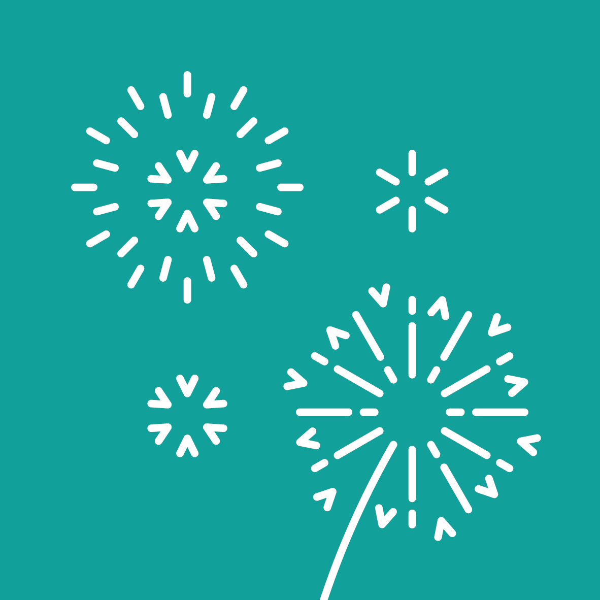 Four graphic images representing exploding fireworks in varying sizes, composed of arrows and lines, The firework bursts are white on a teal-coloured background.
