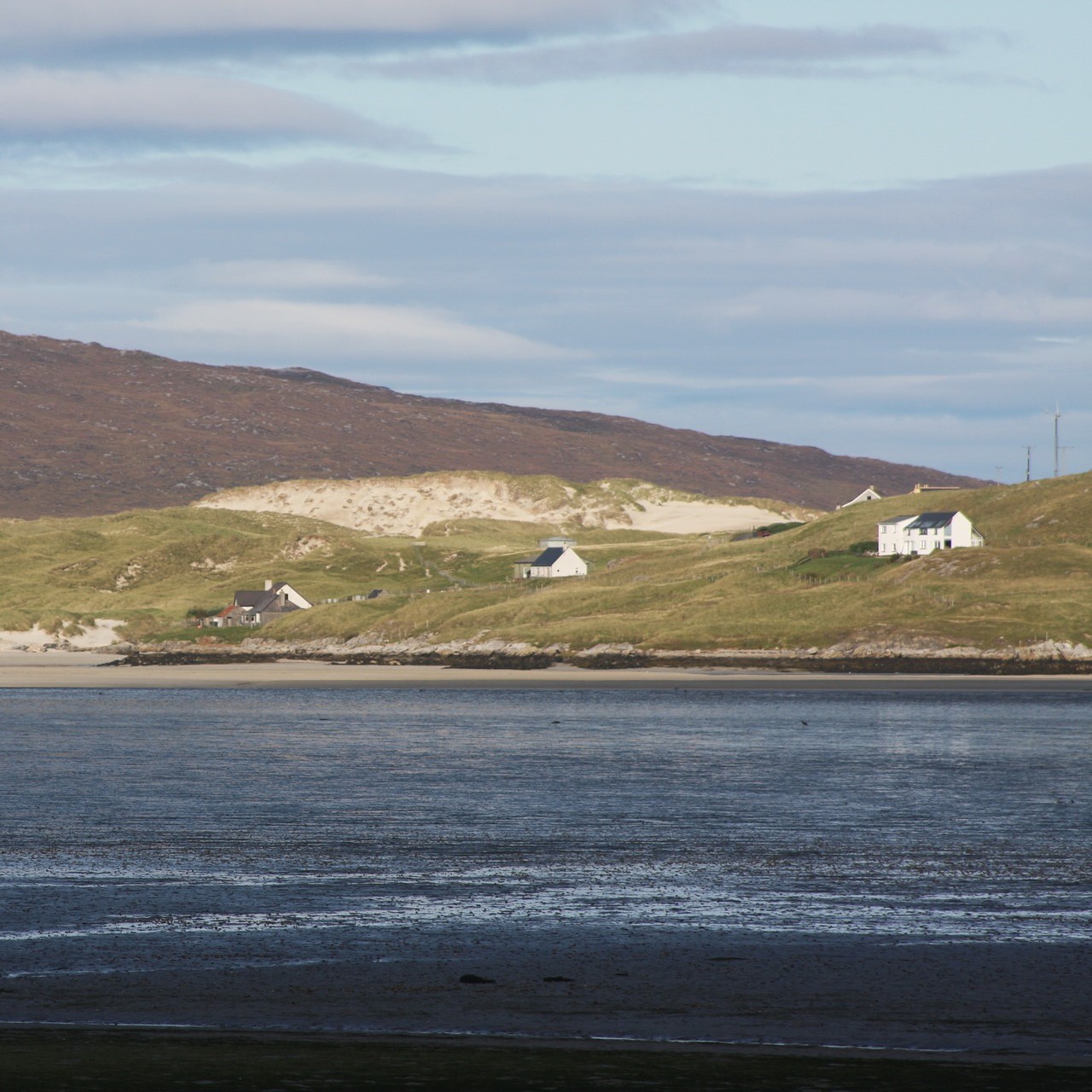 Photo of the Isle of Lewis. The sea is in the foreground, with green land beyond it with two white houses, and a hill and the sky behind.