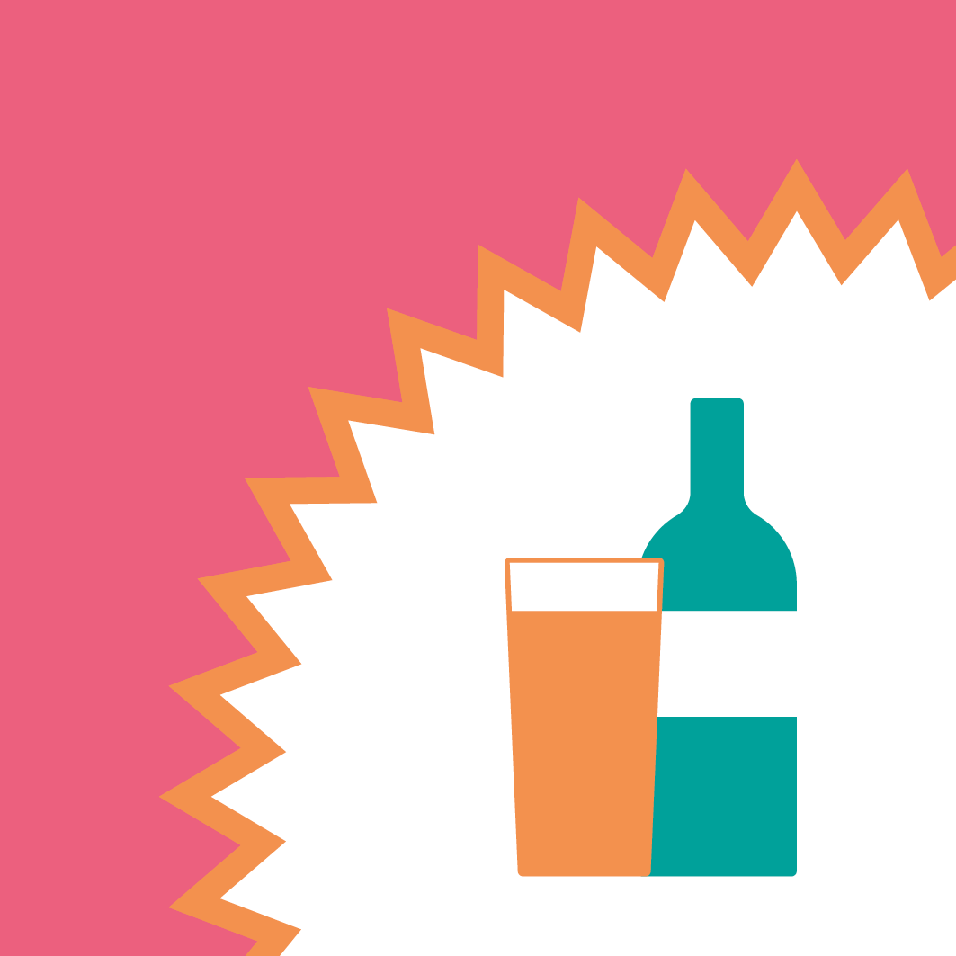 Icon of a pint of beer next to a wine bottle on a white shape in the right corner. The background is pink.