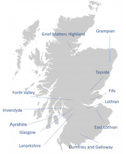 Image shows a map of Scotland showing locations of Child Bereavement network bases