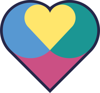 A heart with a black outline and segments inside coloured blue pink green and yellow which is a heart within the big heart