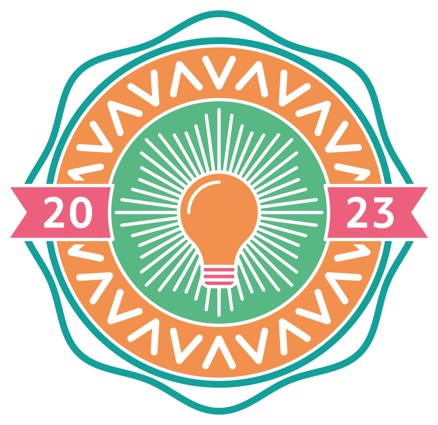 Circular badge with wavy green border, encircling an orange circule with white arrows pointing in and out alternating, encircling and green circle with an orange lightbulb. A pink banner flanks the green circle with 2023 split across it.