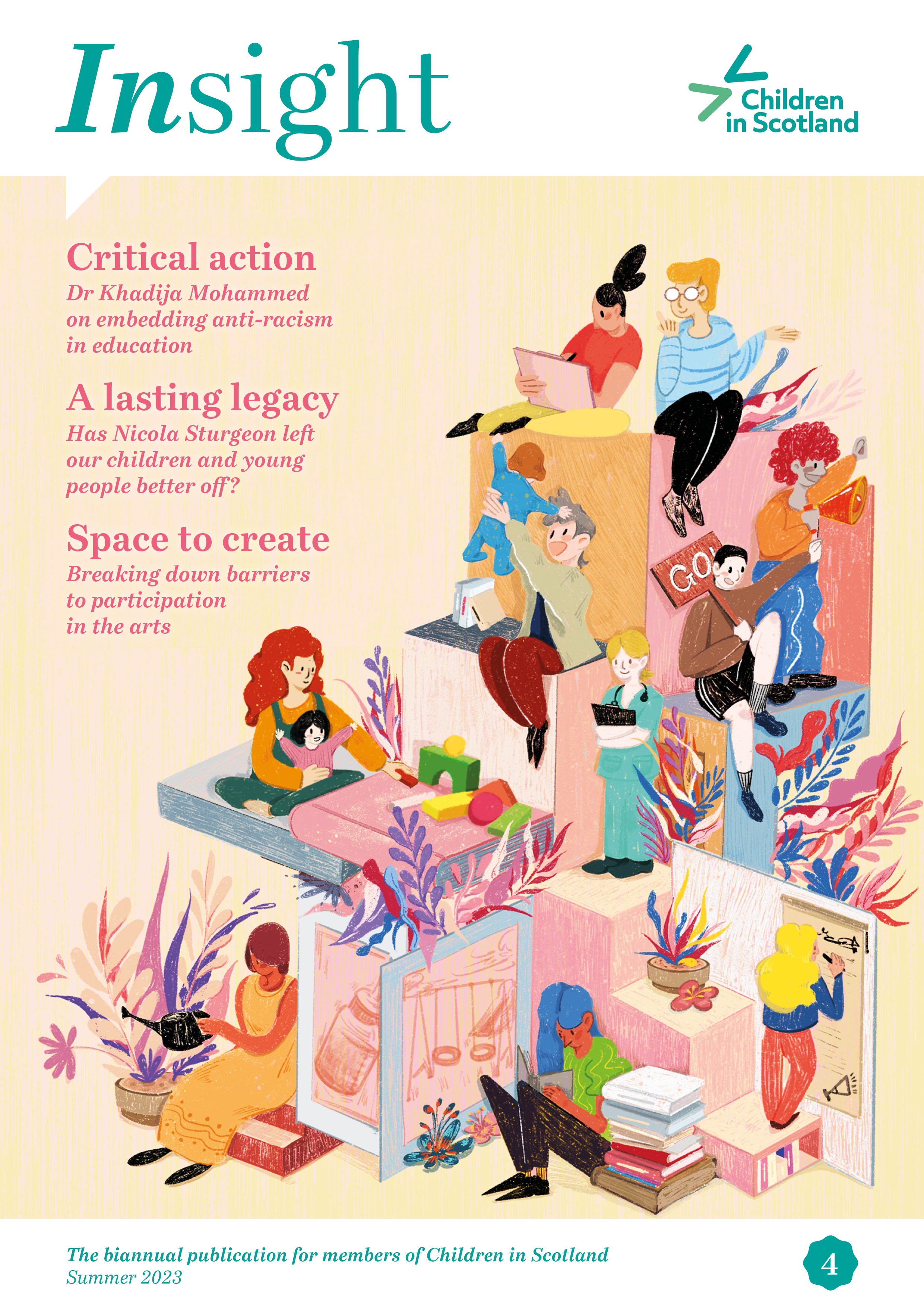 Image shows the cover of issue 4 of Inight magazine, the magazine for members of Children in Scotland. Cover shows colourful illustration image of members from a variety of professions.