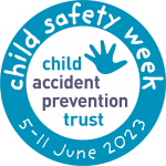 Child Accident Prevention Trust's logo for Child Safety Week 2023, featuring blu writing and a cartoon handprint