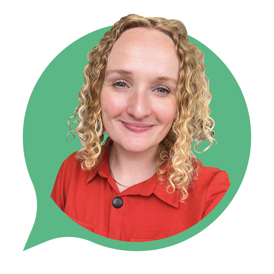 A smiling person with curly blonde hair and wearing a red top. The image sits inside a green speech bubble