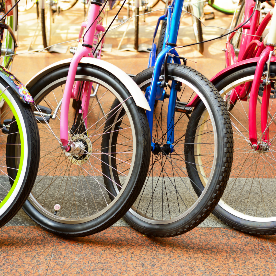 Green, pink, blue and red bikes sit in a row