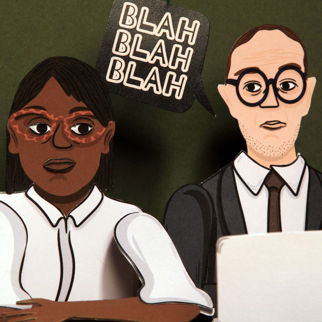 A cartoon of two people in formal office clothing and both wearing glasses. A speech bubble in between them says Blah Blah Blah