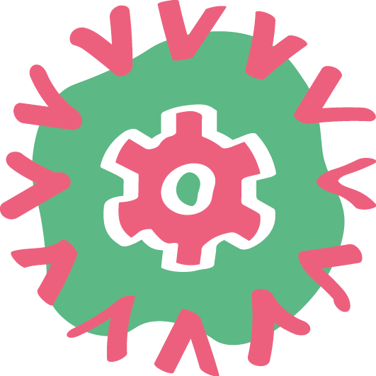 A pink gear shape on a green splotch surrounded by arrow shapes reminiscent of a dandelion puff.