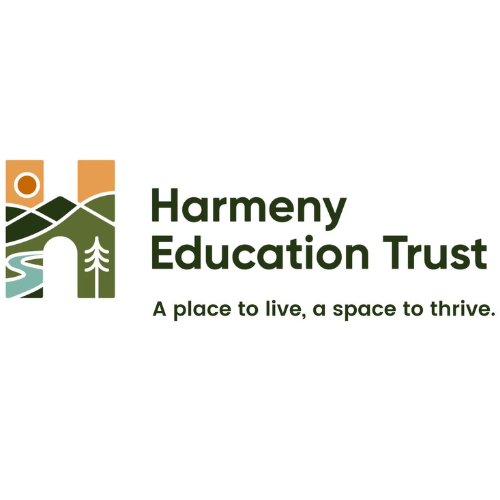 Harmeny Education Trust Logo. A place to live, a space to thrive. On the left is a large H filled with a design of mountains, river, and sun.