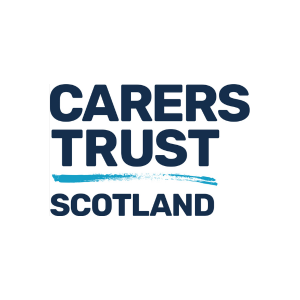 Logo for Carers Trust Scotland. Text is dark blue. A teal sketched line sits between the words trust and Scotland.