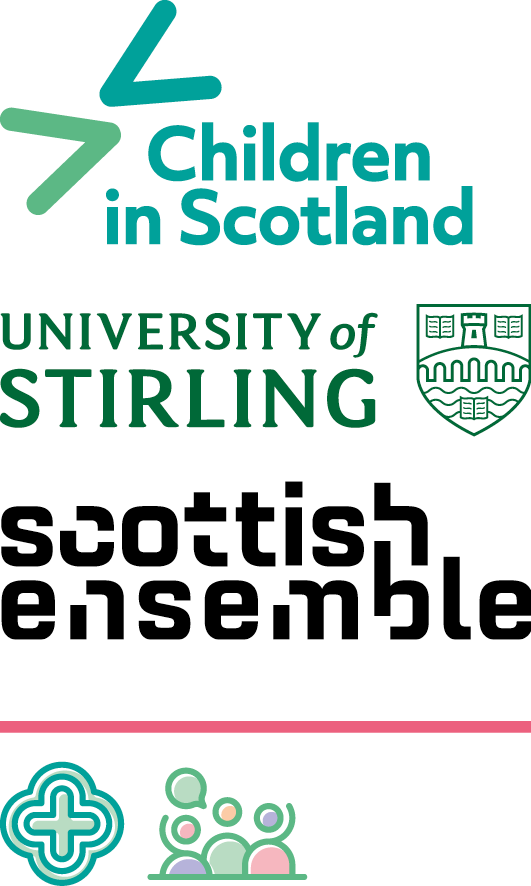 Logo: Children in Scotland, University of Stirling, Scottish Ensemble Theme: Health, Participation