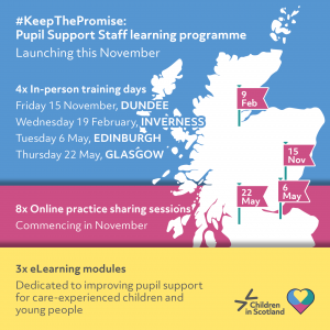 A map of Scotland displays flags showing where you can attend in-person training days. Below this text explains you can also join online practice sharing sessions, or learn independently through eLearning modules.