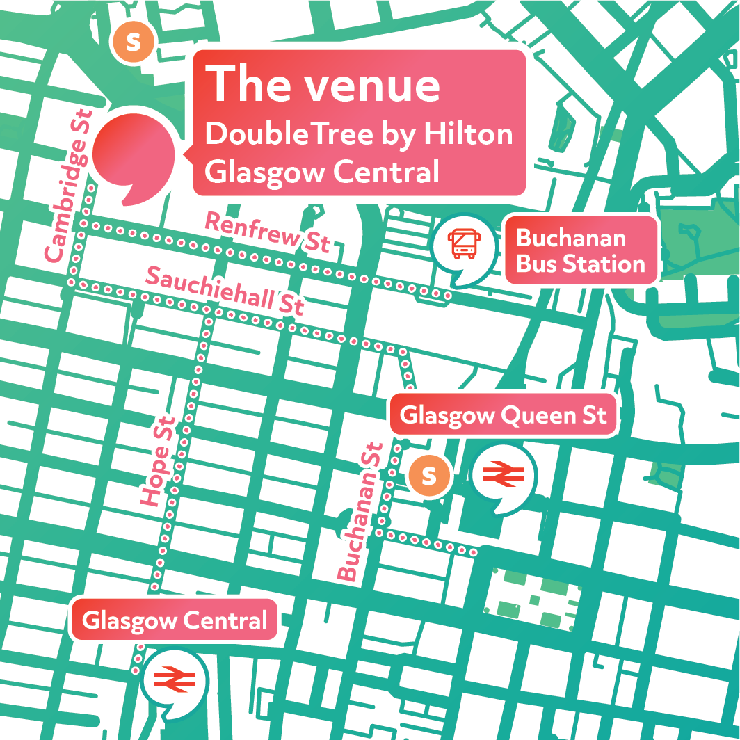 Map of Glasgow showing how to get to the conference venue (DoubleTree Hotel, Glasgow Central) from Central Station, Queen Street Station and Buchanan Bus Station.