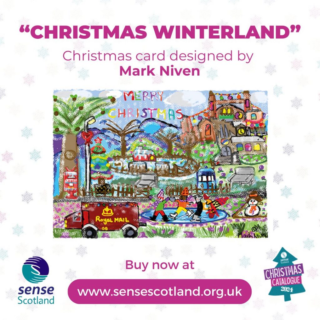 'Christmas Winterland' cover of Christmas card depicts a winter town scene with a church, park and people skating on a frozen pond. 