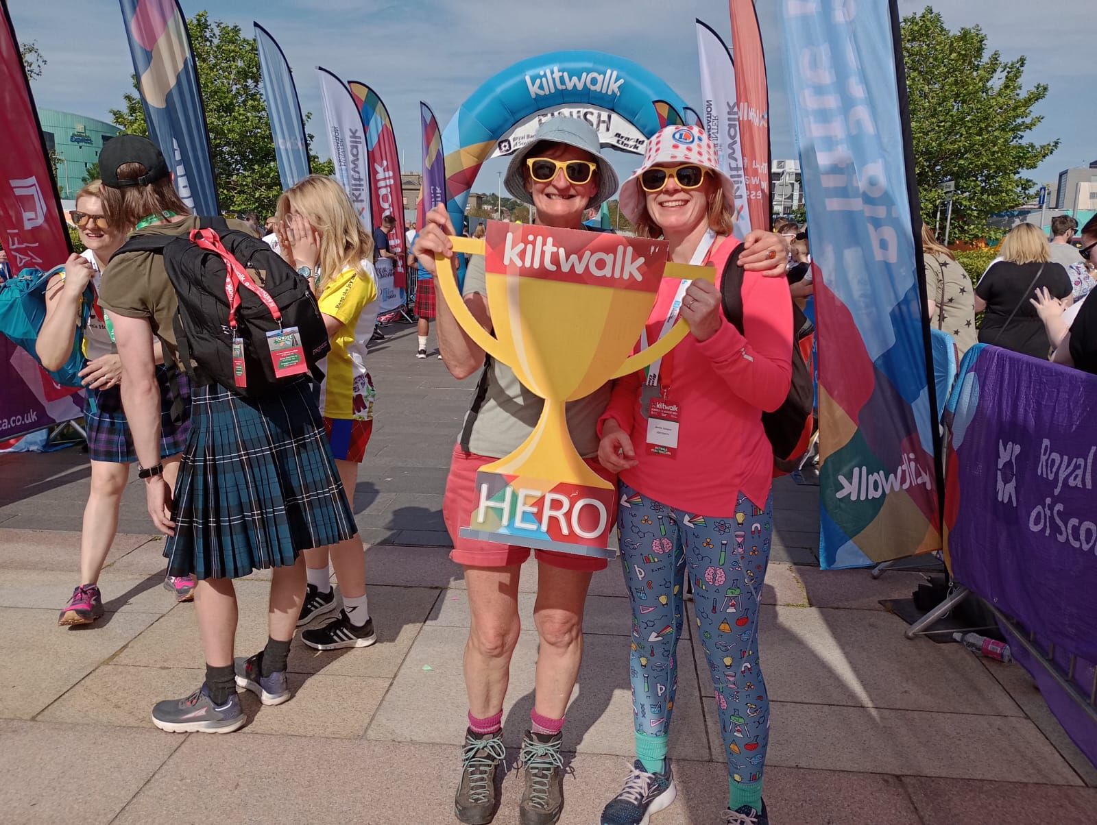 Children in Scotland CEO Judith Turbyne and her friend, Jen, at The Kiltwalk finish line