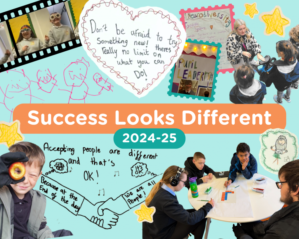 a collage of images and drawing representing inclusive school learning. at hte centre of the image are the words 'Success Looks Different 2024 - 25'