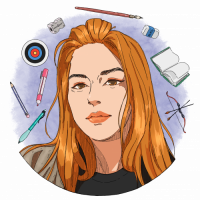 A portrait illustration of Meg from the Inclusion Ambassadors. Meg is surrounded by illustrated items referring to Meg's interests including a book, pens and pencils, a dartboard and an archery bow and arrow.