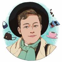 A portrait illustration of Milo from the Inclusion Ambassadors. Milo is surrounded by illustrated items referring to Milo's interests including handbags, coffee and a fashion magazine.