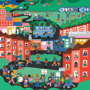 Colourful publication cover depicting illustration of children walking on a road through a landscape with houses and trees around.