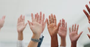 Hands and people with questions in presentation, coaching or team building closeup